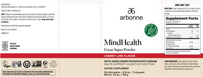 Photo of the Arbonne MindHealth Cherry Lime Flavor label