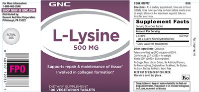 Photo of the GNC L-Lysine 500 mg label