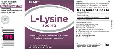 Photo of the GNC L-Lysine 500 mg label
