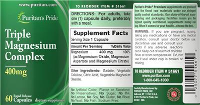 Photo of the Puritan's Pride Triple Magnesium Complex 400 mg label
