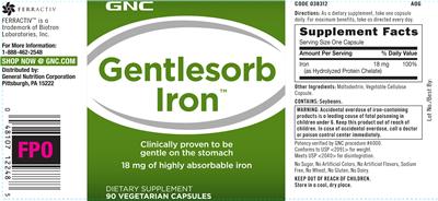 Photo of the GNC Gentlesorb Iron 18 mg label