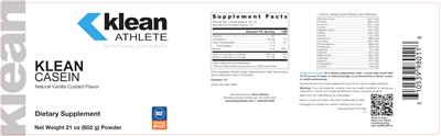 Photo of the Klean Athlete Klean Casein Natural Vanilla Custard Flavor label