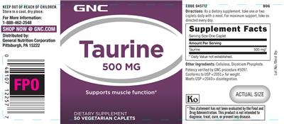 Photo of the GNC Taurine 500 mg label