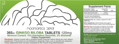 Photo of the Nootropics Depot Ginkgo Biloba Tablets 120 mg label