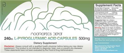 Photo of the Nootropics Depot L-Pyroglutamic Acid Capsules 500 mg label