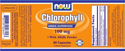 Photo of the NOW Chlorophyll 100 mg label