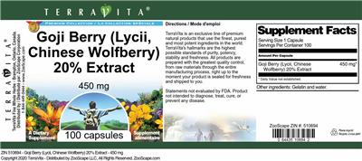 Photo of the TerraVita Premium Collection Goji Berry (Lycii, Chinese Wolfberry) 450 mg 20% Extract label