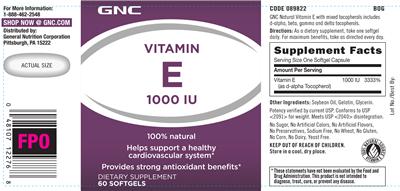 Photo of the GNC Vitamin E 1000 IU label