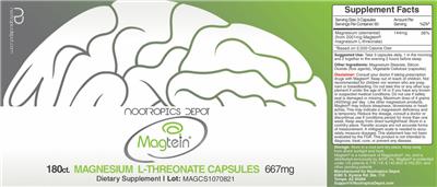 Photo of the Nootropics Depot Magtein Magnesium L-Threonate Capsules 667 mg label