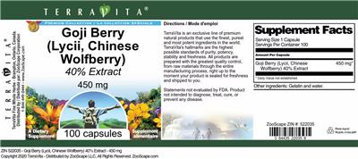 Photo of the TerraVita Premium Collection Goji Berry (Lycii, Chinese Wolfberry) 450 mg 40% Extract label