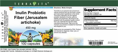 Photo of the TerraVita Premium Collection Inulin Probiotic Fiber (Jerusalem Artichoke) 450 mg label