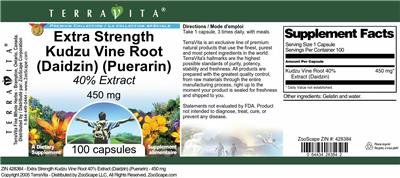 Photo of the TerraVita Premium Collection Extra Strength Kudzu Vine Root (Daidzin) (Puerarin) 40% Extract 450 mg label