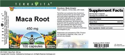 Photo of the TerraVita Premium Collection Maca Root 450 mg label