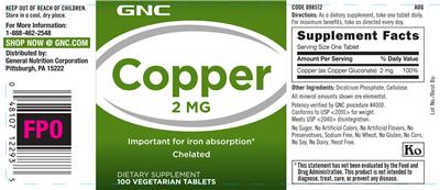 Photo of the GNC Copper 2 mg label