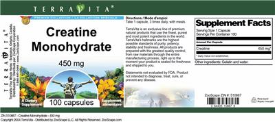 Photo of the TerraVita Premium Collection Creatine Monohydrate 450 mg label
