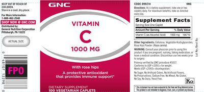 Photo of the GNC Vitamin C 1000 mg With Rose Hips label