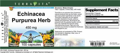 Photo of the TerraVita Premium Collection Echinacea purpurea Herb 450 mg label