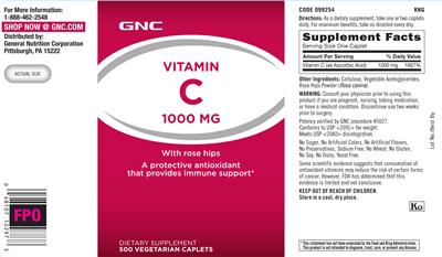 Photo of the GNC Vitamin C 1000 mg With Rose Hips label