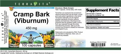 Photo of the TerraVita Premium Collection Cramp Bark (Viburnum) 450 mg label
