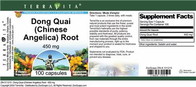 Photo of the TerraVita Premium Collection Dong Quai (Chinese Angelica) Root 450 mg label
