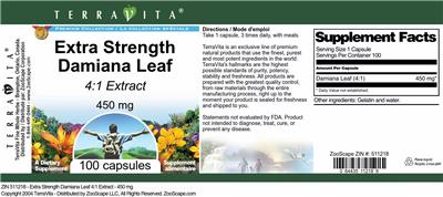 Photo of the TerraVita Premium Collection Extra Strength Damiana Leaf 450 mg 4:1 Extract label