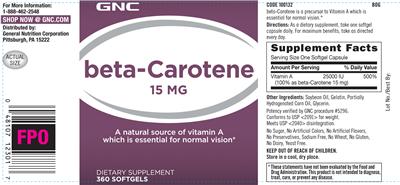 Photo of the GNC Beta-Carotene 15 mg label