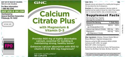 Photo of the GNC Calcium Citrate Plus with Magnesium & Vitamin D-3 label