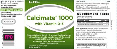 Photo of the GNC Calcimate 1000 with Vitamin D-3 label