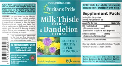 Product label for Milk Thistle Extract & Dandelion Extract