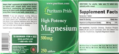 Photo of the Puritan's Pride High Potency Magnesium 500 mg label