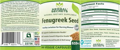 Photo of the Herbal Secrets Fenugreek Seed 610 mg label