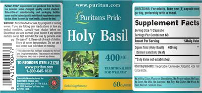 Photo of the Puritan's Pride Holy Basil 400 mg label