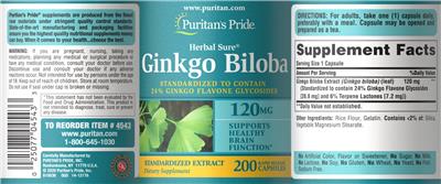 Photo of the Puritan's Pride Herbal Sure Ginkgo Biloba 120 mg label