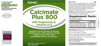 Photo of the GNC Calcimate Plus 800 with Magnesium & Vitamin D-3 label