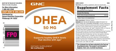 Photo of the GNC DHEA 50 mg label