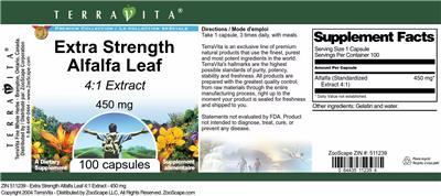 Photo of the TerraVita Premium Collection Extra Strength Alfalfa Leaf 450 mg 4:1 Extract label