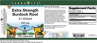Photo of the TerraVita Premium Collection Extra Strength Burdock Root 450 mg 4:1 Extract label