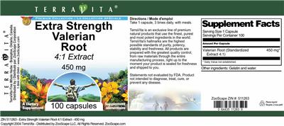 Photo of the TerraVita Premium Collection Extra Strength Valerian Root 450 mg 4:1 Extract label