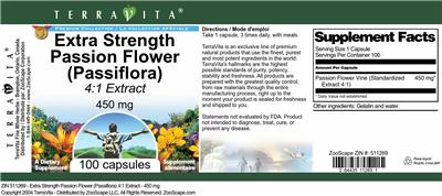 Photo of the TerraVita Premium Collection Extra Strength Passion Flower (Passiflora) 450 mg 4:1 Extract label