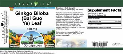 Photo of the TerraVita Premium Collection Ginkgo Biloba (Bai Guo Ye) Leaf 450 mg label