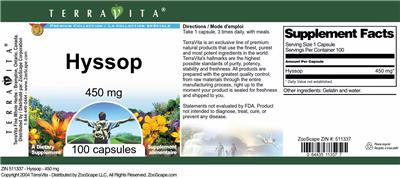 Photo of the TerraVita Premium Collection Hyssop 450 mg label