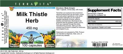 Photo of the TerraVita Premium Collection Milk Thistle Herb 450 mg label