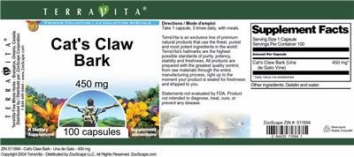 Photo of the TerraVita Premium Collection Cat's Claw Bark 450 mg label