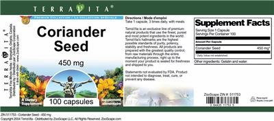 Photo of the TerraVita Premium Collection Coriander Seed 450 mg label