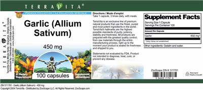 Photo of the TerraVita Premium Collection Garlic (Allium Sativum) 450 mg label