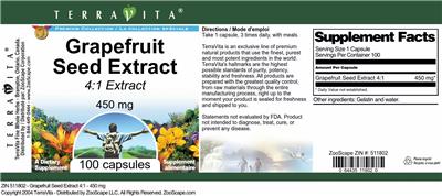 Photo of the TerraVita Premium Collection Grapefruit Seed Extract 450 mg 4:1 Extract label