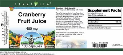 Photo of the TerraVita Premium Collection Cranberry Fruit Juice 450 mg label