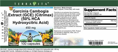 Photo of the TerraVita Premium Collection Garcinia cambogia Extract (GCE) (Citrimax) (50% HCA Hydroxycitric Acid) 450 mg label