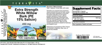 Photo of the TerraVita Premium Collection Extra Strength White Willow Bark (PE 15% Salicin) 450 mg label