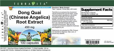 Photo of the TerraVita Premium Collection Dong Quai (Chinese Angelica) Root Extract 450 mg label